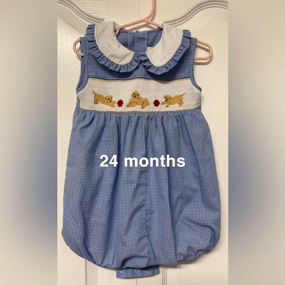 24 month smocked baby girl bubble, blue and white plaid, puppy dogs